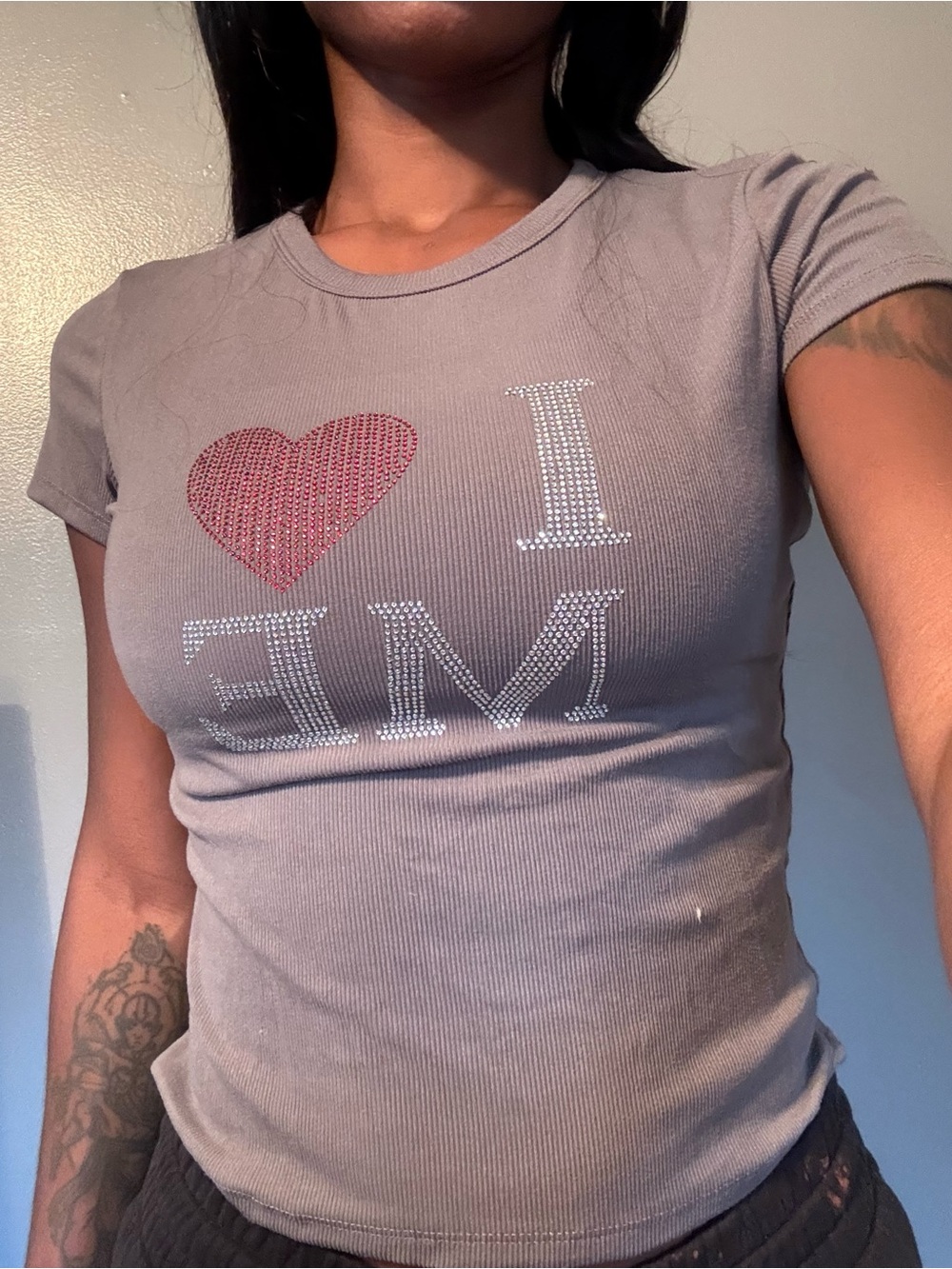 Charlotte Russe Grey Ribbed Tee with Red Heart Embellishment